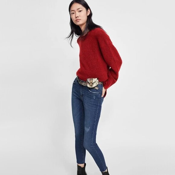 EUC Zara dark blue wash distressed frayed hem denim jeans, 6 - Picture 2 of 9